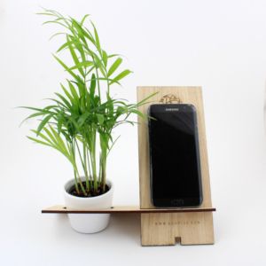 Support téléphone en bois avec plante dépolluante en pot céramique, personnalisable pour des cadeaux d'affaires et branding. Parfait pour bureaux modernes, améliore l'air et l'esthétique.