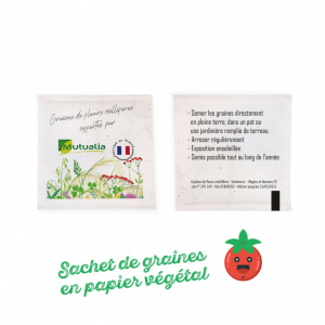 Sachet de graines en papier végétal 55x55 mm, support de communication personnalisable, idéal comme objet publicitaire écologique et zéro déchet pour valoriser les ressources naturelles.