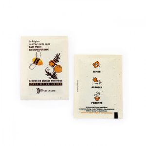 Sachet de graines en papier végétal 60x80 mm, support de communication personnalisable, idéal comme objet publicitaire écologique. Léger et parfait pour des campagnes de distribution en masse, avec une texture et une coloration naturelle issues de fibres de tomates.
