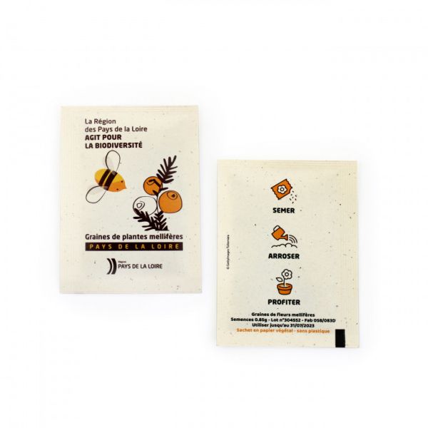 Sachet de graines en papier végétal 60x80 mm, support de communication personnalisable, idéal comme objet publicitaire écologique. Léger et parfait pour des campagnes de distribution en masse, avec une texture et une coloration naturelle issues de fibres de tomates.
