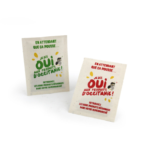 Sachet de graines en papier végétal 82x110 mm, support de communication personnalisable valorisant les déchets agro-alimentaires. Zéro déchet, léger, et idéal comme objet publicitaire écologique pour des campagnes de distribution en masse.