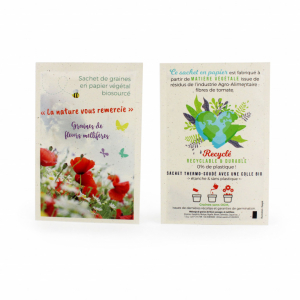 Sachet de graines en papier végétal 100x150 mm, support de communication personnalisable, zéro déchet, léger et valorisant les déchets agro-alimentaires. Idéal comme objet publicitaire écologique pour des campagnes en masse.