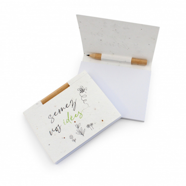 Bloc-note papier graines personnalisable pour cadeaux d'affaires, avec mini crayon, fabriqué en France pour eco branding.