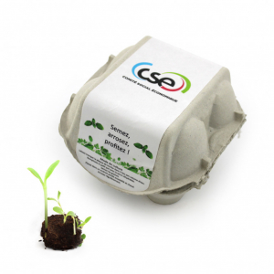 Goodies pub originaux et goodies écologiques en forme de boite à oeuf contenant des palets à graines à semer en green guérillas et permettre aux insectes pollinisateurs de se nourrir grâce aux fleurs