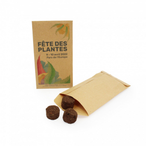 Sachet de graines en kraft contenant des palets à graines pour green guérilla écologique ou objets publicitaires écologiques nourrissant les insectes pollinisateurs