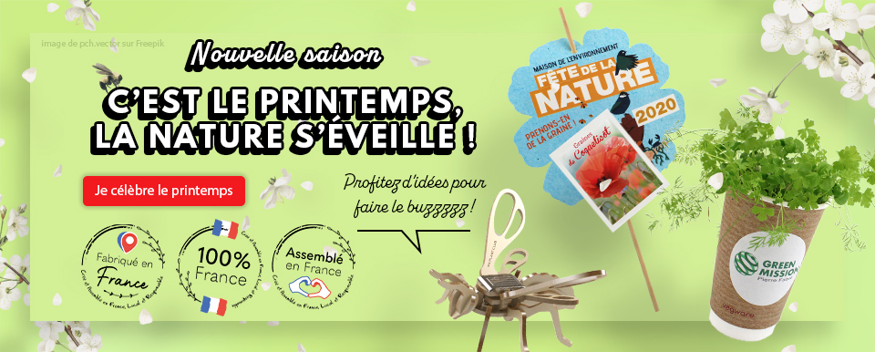 Objets publicitaires ou goodies peronnalisables naturels avec des végétaux, plantes et graines dont une abeille solaire, une carte sur tige en forme de fleur et un smoothie à graines.