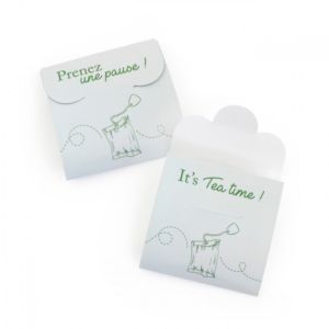 Photo de l'étui origami thé/tisane compostable contenant des infusettes de thés et tisanes français, personnalisable, idéal comme produit dérivé et support de communication.