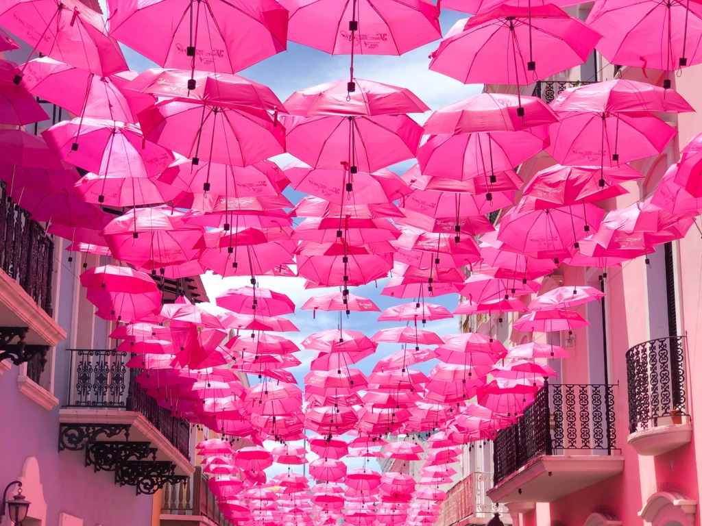 Photo d'une rue dans laquelle sont suspendus de nombreux parapluies roses